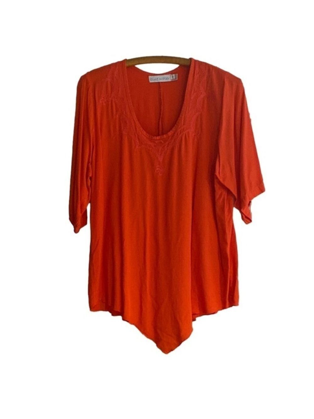 BLUE Water Pullover Top Embroidered Scoop Round Neckline Pointed Hem Women’s XL